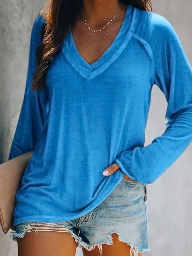 Women's T-shirts Solid Color V-neck Loose Long Sleeve Casual Tops