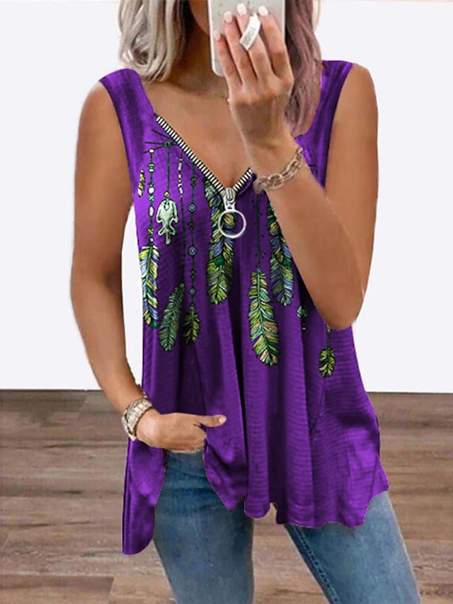 Women's Tank Top Feather Flowing Print Zipper  V-neck Streetwear Tops