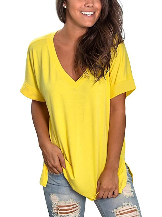 Women's T-shirt Plain V-Neck Solid Color Short Sleeve Basic Tops