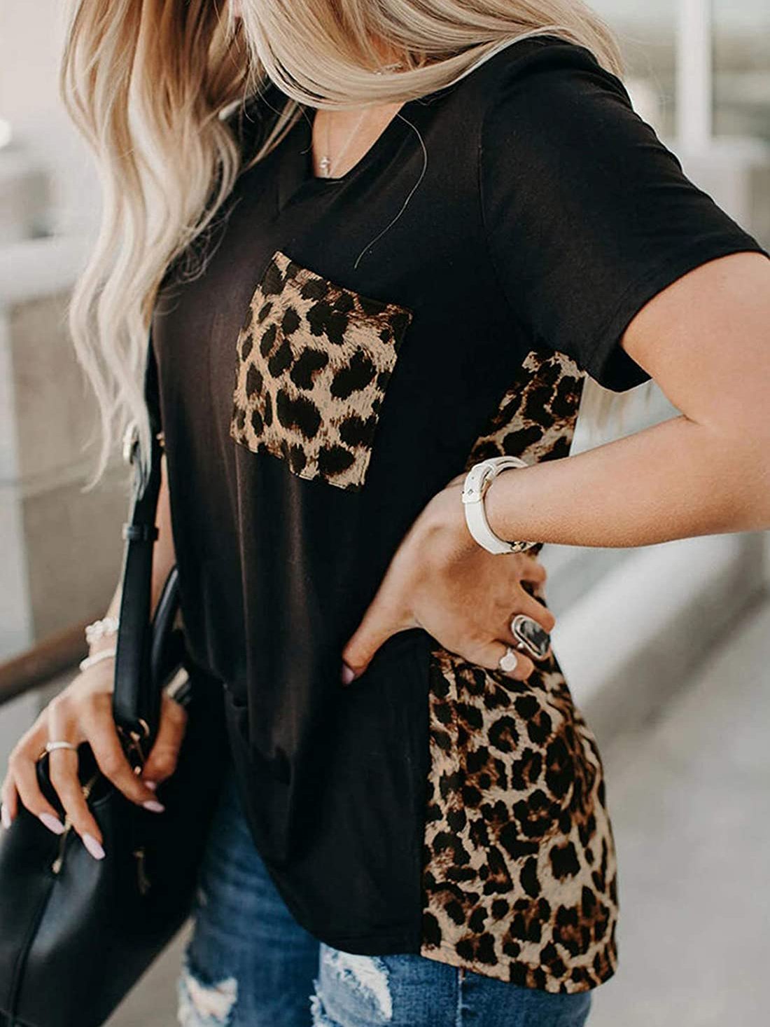 Women’s Crew Neck Leopard Color Block Short Top Casual Loose Blouse Shirts with Pocket