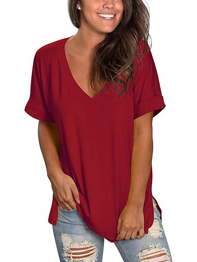 Women's T-shirt Plain V-Neck Solid Color Short Sleeve Basic Tops