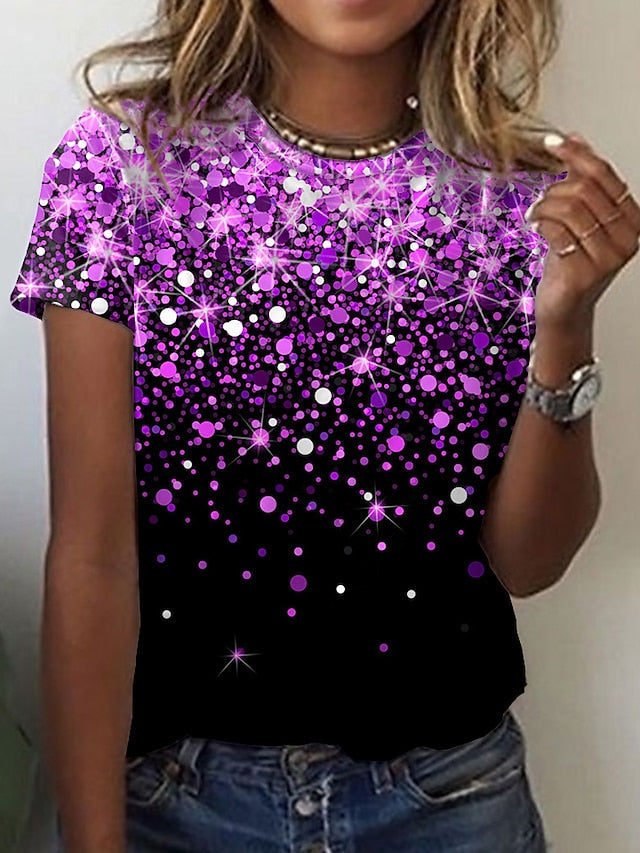 Women's T-shirts Sparkly Print Round Neck Short Sleeve Slim Tops