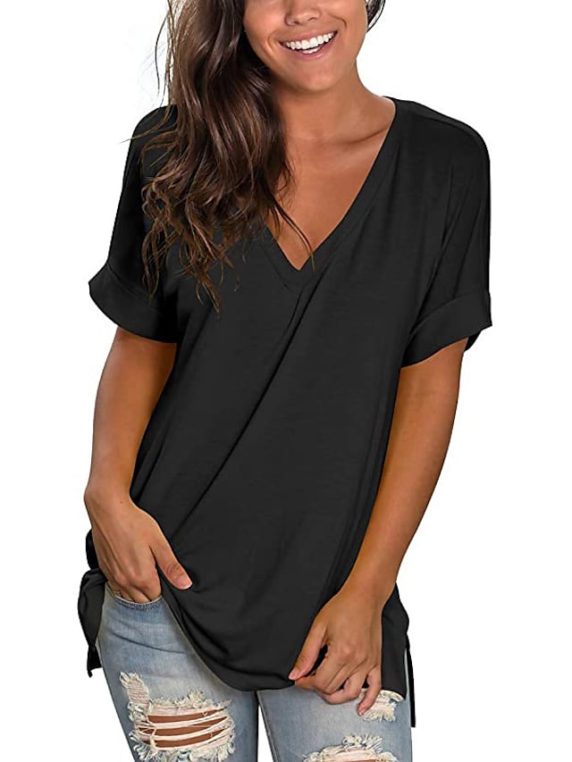 Women's T-shirt Plain V-Neck Solid Color Short Sleeve Basic Tops