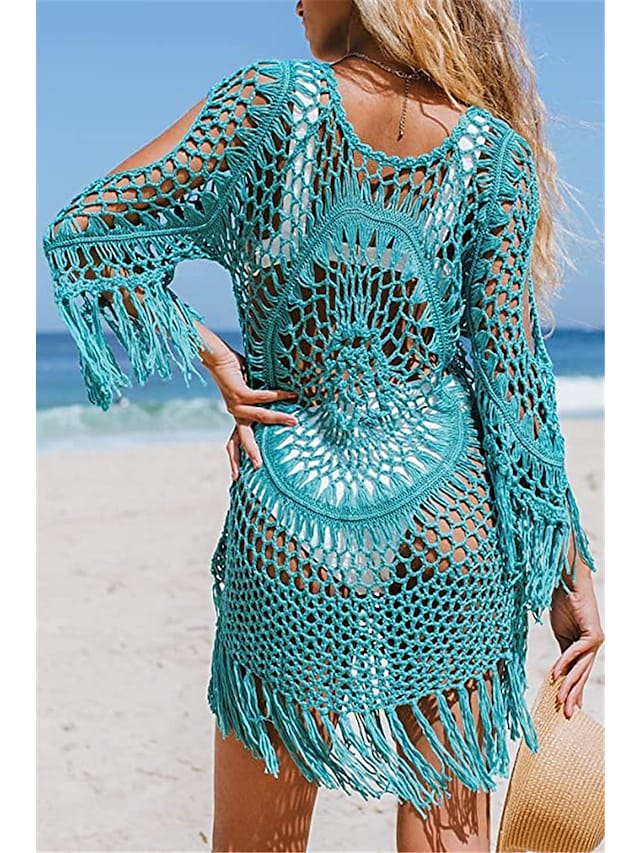 Women's Swimwear Cover Up Hole Tassel Pure Color Beach Dress Swimsuit