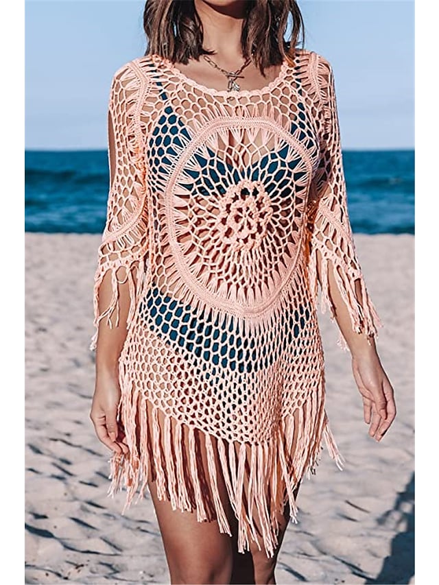 Women's Swimwear Cover Up Hole Tassel Pure Color Beach Dress Swimsuit