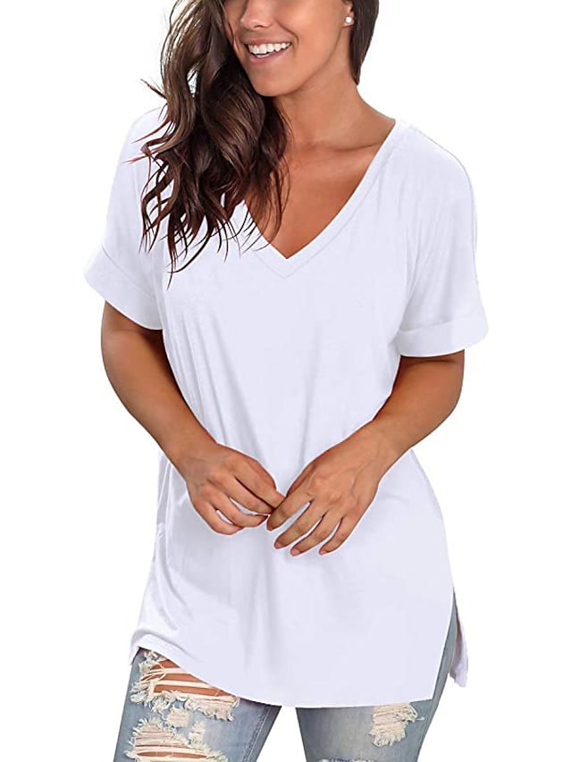 Women's T-shirt Plain V-Neck Solid Color Short Sleeve Basic Tops