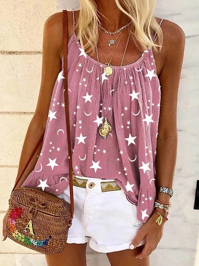 Women's Vests Ruffle Print Round Neck Spaghetti Strap Casual Tops