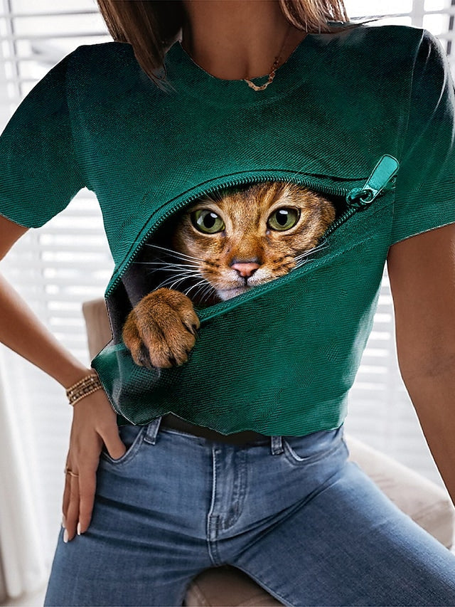 Women's T-shirt 3D Cat Painting Round Neck Short Sleeve Solid ColorTops