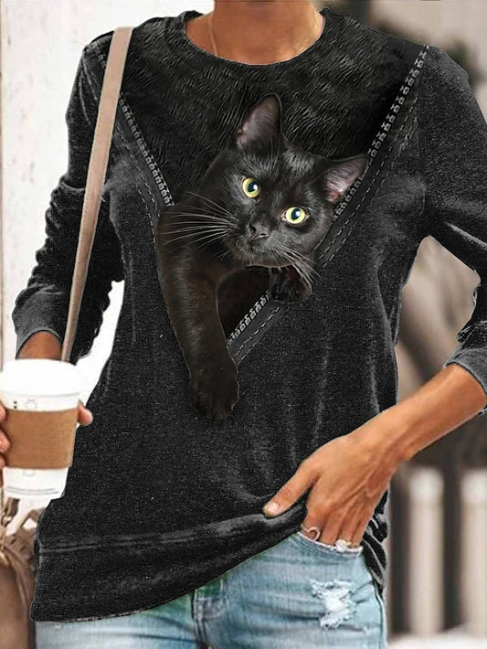 Women's T-shirts Cute Cat Print Long Sleeve Round Neck Basic Tops