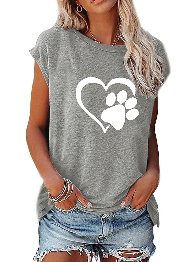 Women's T-shirts Heart Print Round Neck Sleeveless Loose Crop Tops