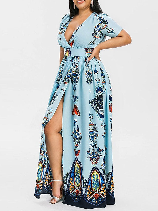 Women's Swing Dress Floral V-Neck Short Sleeve Plus Size Split Sexy Maxi Long Dress