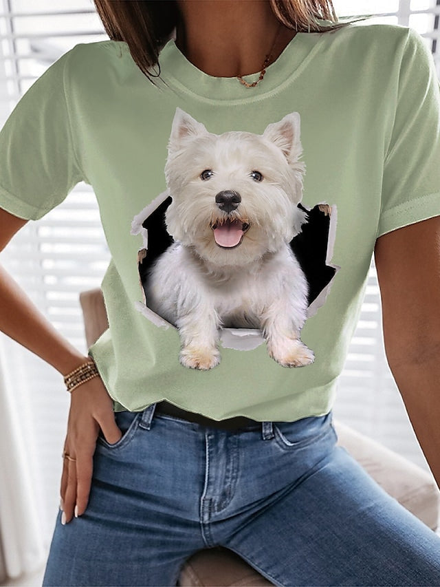 Women's T-shirt Cute 3D Dog Printed Round Neck Casual Tops