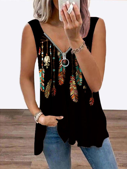 Women's Tank Top Feather Flowing Print Zipper  V-neck Streetwear Tops