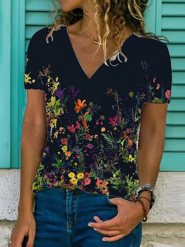 Women's T-shirts Floral Graphic Print V-neck Short Sleeve Casual Tops