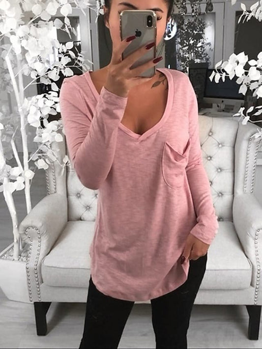 Women's T-shirt Solid Color Pocket V-neck Long Sleeve Loose Tops