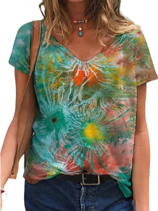 Women's T-shirts Floral Abstract Printed V-neck Short Sleeve Loose Tops