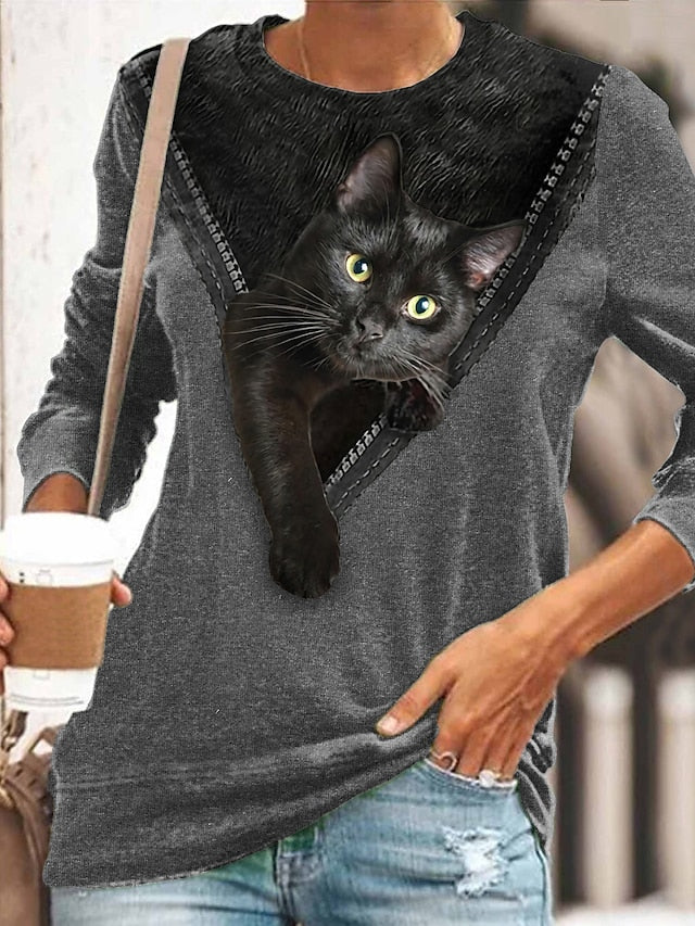 Women's T-shirts Cute Cat Print Long Sleeve Round Neck Basic Tops