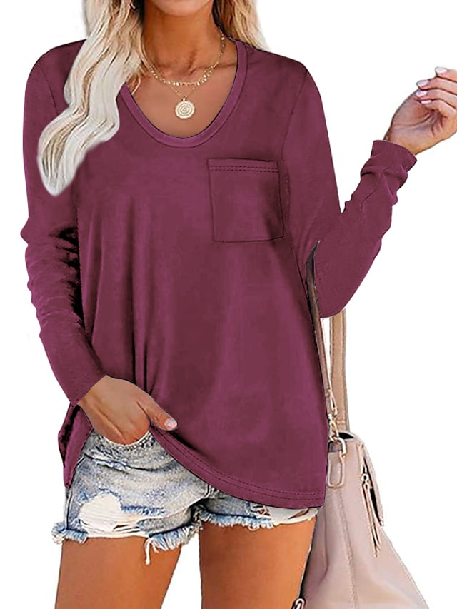 Women's T-Shirt With Pocket Plain V-Neck Solid Color Long Sleeeve Tops