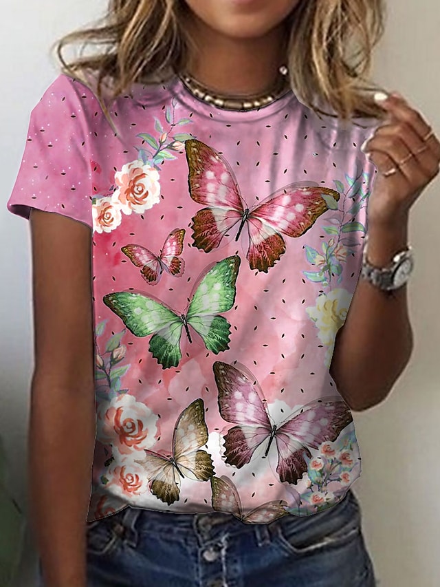 Women's T-shirts Floral Butterfly Print Round Neck Short Sleeve Casual Tops