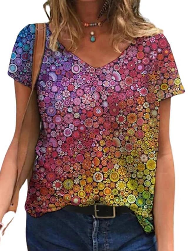 Women's T-shirts Floral Abstract Printed V-neck Short Sleeve Loose Tops