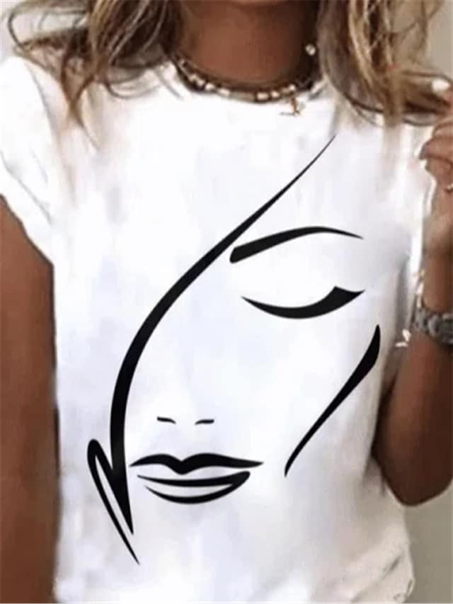 Women's T-shirt Portrait Round Neck Short Sleeve Casual Pullover Tops