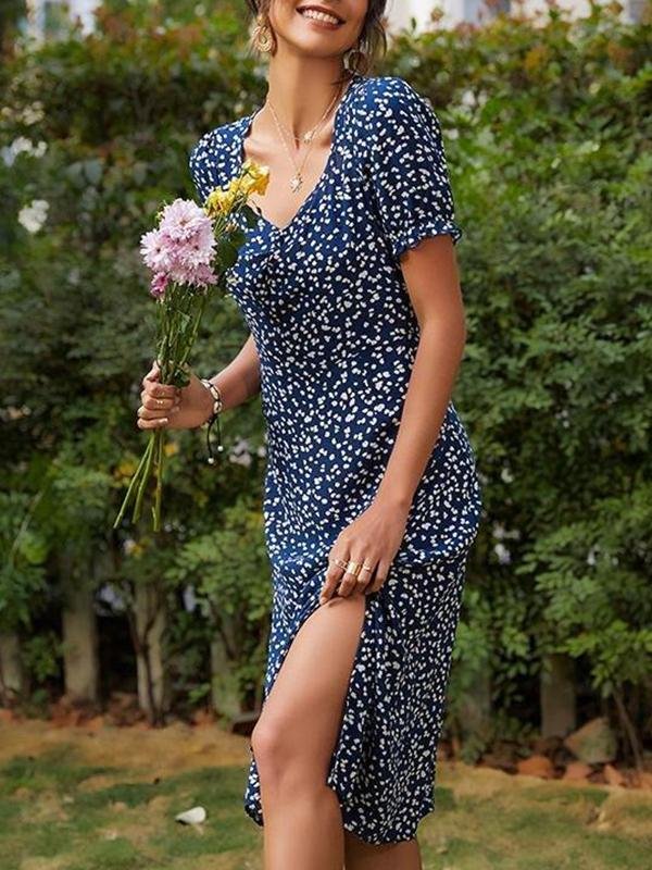 Women's Summer Slit Short Sleeve Floral Dress - Dresses - INS | Online Fashion Free Shipping Clothing, Dresses, Tops, Shoes - 18/03/2021 - Color_Blue - Color_Navy Blue