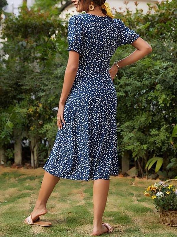 Women's Summer Slit Short Sleeve Floral Dress - Dresses - INS | Online Fashion Free Shipping Clothing, Dresses, Tops, Shoes - 18/03/2021 - Color_Blue - Color_Navy Blue