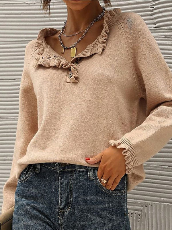 Women's Sweaters Casual Button Ruffle Long Sleeve Sweater - Sweaters - Instastyled | Online Fashion Free Shipping Clothing, Dresses, Tops, Shoes - 25/08/2022 - 40-50 - cardigans-sweaters