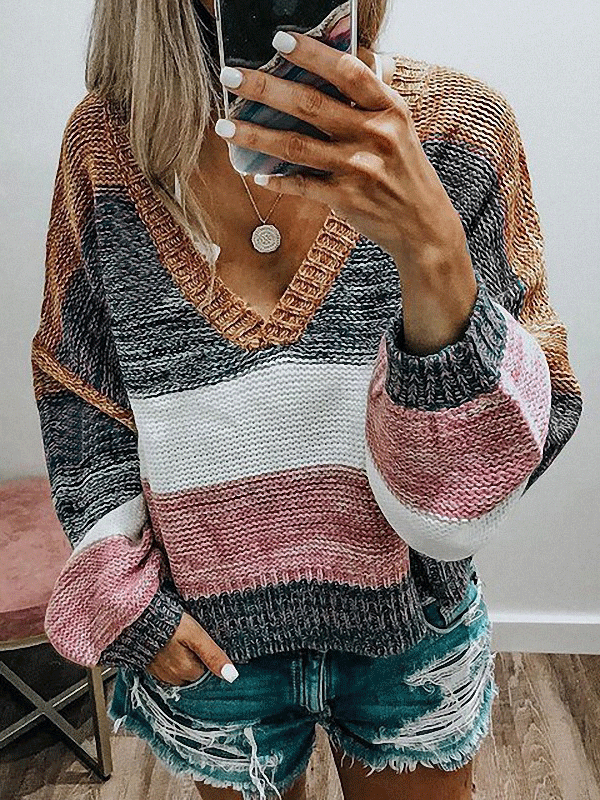 Women's Sweaters Casual V-Neck Striped Stitching Long Sleeve Sweater - Cardigans & Sweaters - INS | Online Fashion Free Shipping Clothing, Dresses, Tops, Shoes - 20/11/2021 - 30-40 - Cardigans & Sweaters