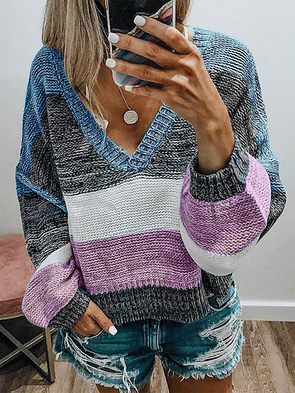 Women's Sweaters Casual V-Neck Striped Stitching Long Sleeve Sweater - Cardigans & Sweaters - INS | Online Fashion Free Shipping Clothing, Dresses, Tops, Shoes - 20/11/2021 - 30-40 - Cardigans & Sweaters