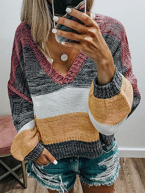 Women's Sweaters Casual V-Neck Striped Stitching Long Sleeve Sweater - Cardigans & Sweaters - INS | Online Fashion Free Shipping Clothing, Dresses, Tops, Shoes - 20/11/2021 - 30-40 - Cardigans & Sweaters