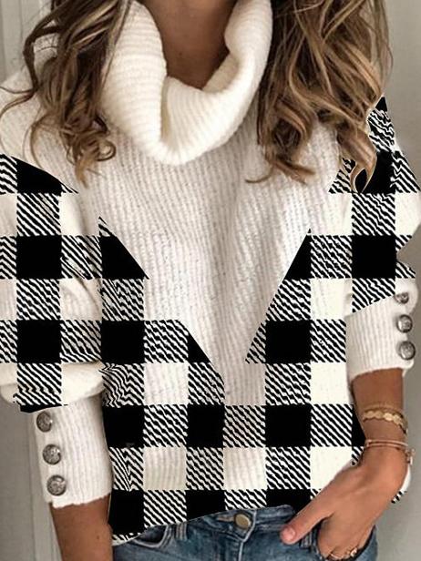 Women's Sweaters Check High Collar Button Pullover Sweater - Cardigans & Sweaters - INS | Online Fashion Free Shipping Clothing, Dresses, Tops, Shoes - 03/11/2021 - 20-30 - Cardigans & Sweaters