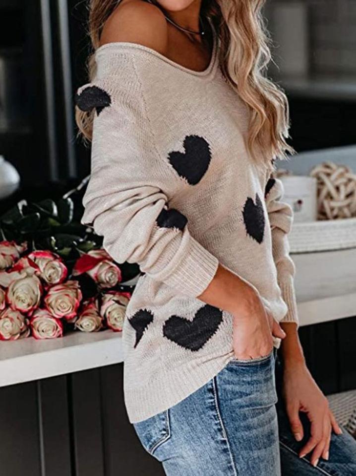 Women's Sweaters Commuter OL Love Printed V-Neck Knit Sweater - Cardigans & Sweaters - INS | Online Fashion Free Shipping Clothing, Dresses, Tops, Shoes - 09/08/2021 - 30-40 - Cardigans & Sweaters