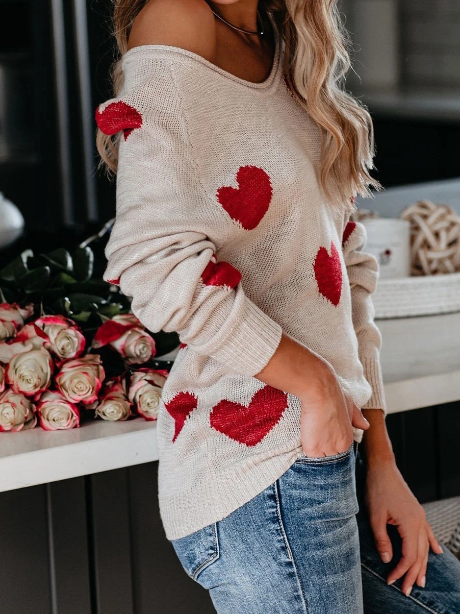 Women's Sweaters Commuter OL Love Printed V-Neck Knit Sweater - Cardigans & Sweaters - INS | Online Fashion Free Shipping Clothing, Dresses, Tops, Shoes - 09/08/2021 - 30-40 - Cardigans & Sweaters