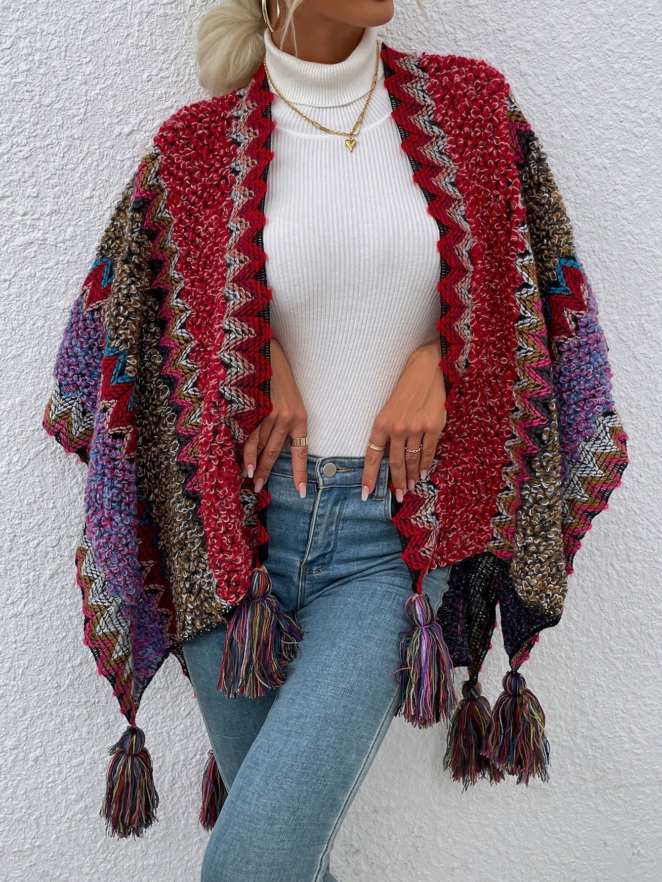 Women's Sweaters Contrast Fringe Shawl Sweater Cape - Sweaters - Instastyled | Online Fashion Free Shipping Clothing, Dresses, Tops, Shoes - 27/08/2022 - 30-40 - cardigans-sweaters