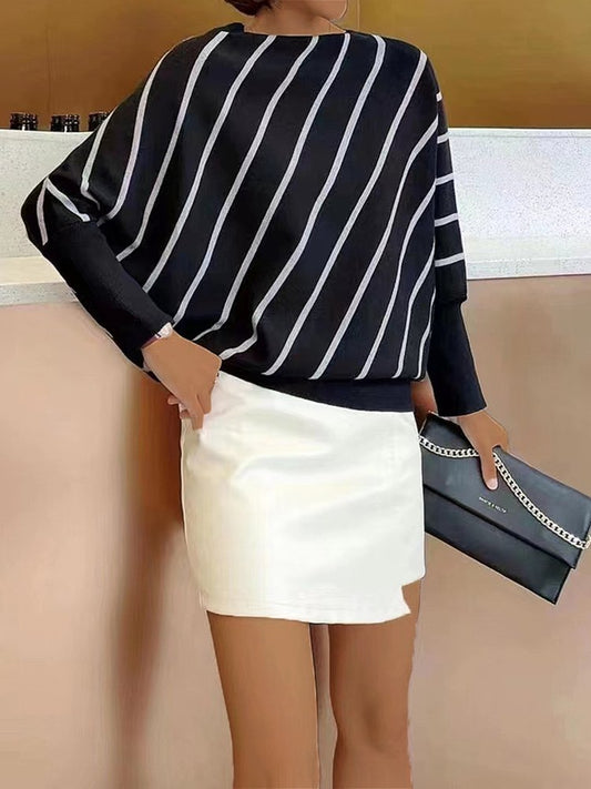 Women's Sweaters Crew Neck Diagonal Stripes Knitted Sweater - Sweaters - Instastyled | Online Fashion Free Shipping Clothing, Dresses, Tops, Shoes - 27/10/2022 - 30-40 - color-black