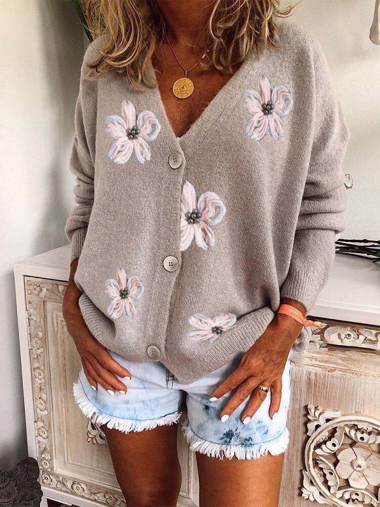 Women's Sweaters Embroidered V-Neck Long Sleeve Cardigan Sweater - Cardigans & Sweaters - INS | Online Fashion Free Shipping Clothing, Dresses, Tops, Shoes - 18/09/2021 - 40-50 - Cardigans & Sweaters