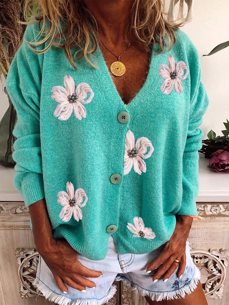 Women's Sweaters Embroidered V-Neck Long Sleeve Cardigan Sweater - Cardigans & Sweaters - INS | Online Fashion Free Shipping Clothing, Dresses, Tops, Shoes - 18/09/2021 - 40-50 - Cardigans & Sweaters