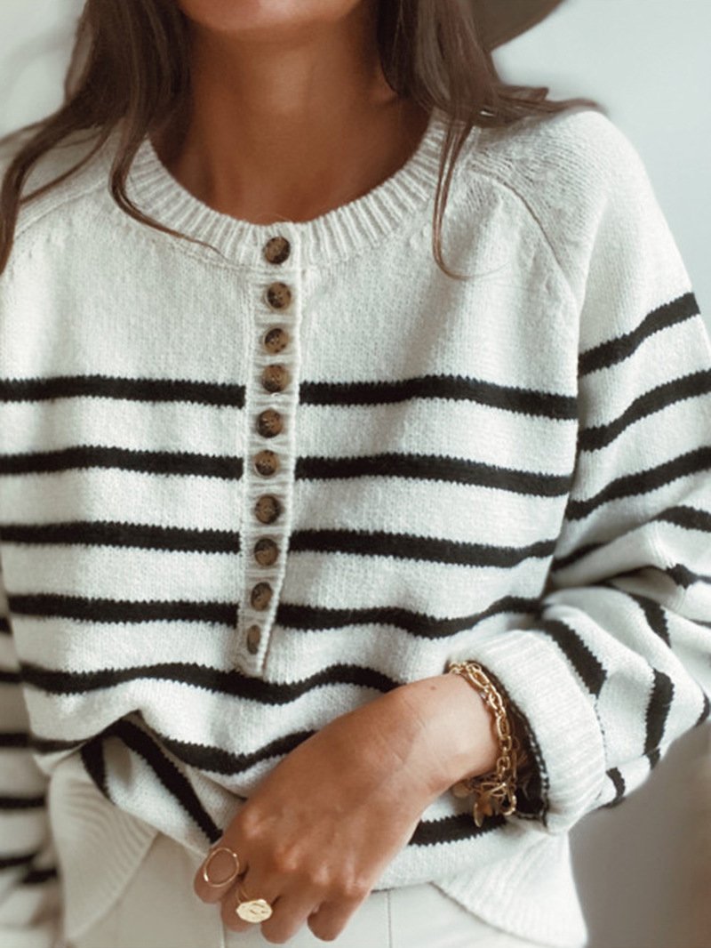 Women's Sweaters Fashion Striped Round Neck Button Sweater - Cardigans & Sweaters - INS | Online Fashion Free Shipping Clothing, Dresses, Tops, Shoes - 03/11/2021 - 30-40 - Cardigans & Sweaters