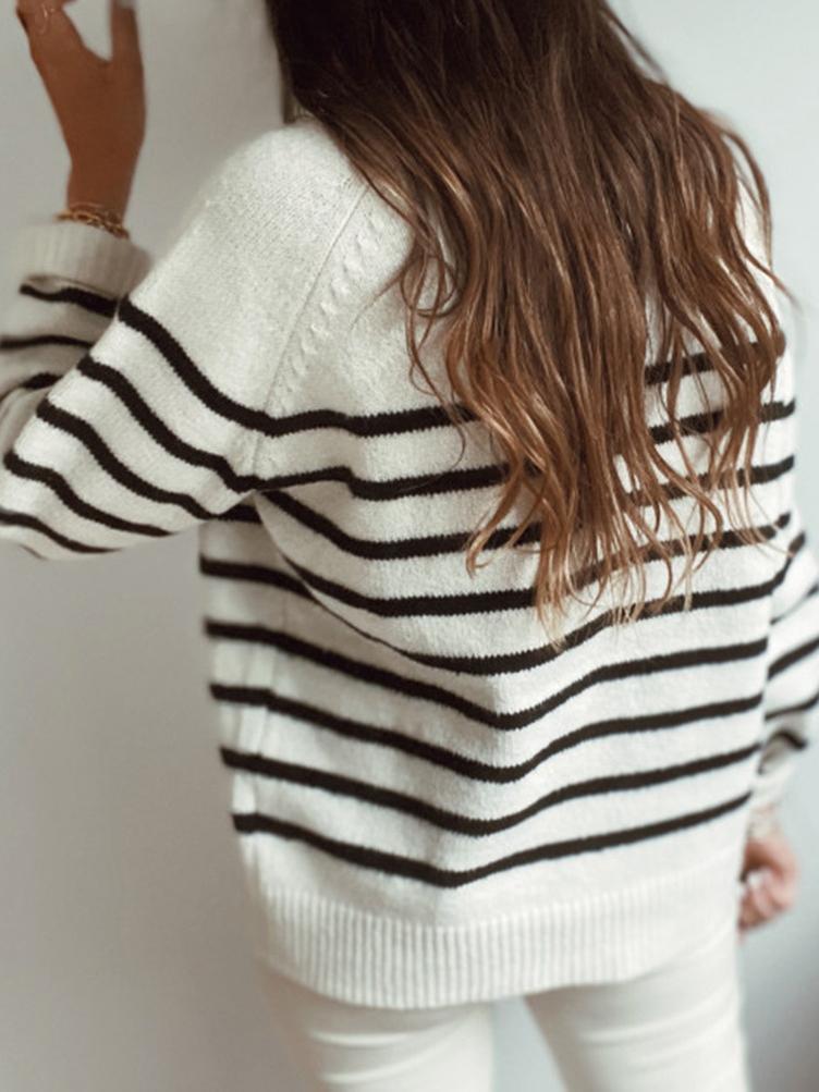 Women's Sweaters Fashion Striped Round Neck Button Sweater - Cardigans & Sweaters - INS | Online Fashion Free Shipping Clothing, Dresses, Tops, Shoes - 03/11/2021 - 30-40 - Cardigans & Sweaters