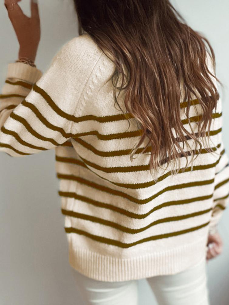 Women's Sweaters Fashion Striped Round Neck Button Sweater - Cardigans & Sweaters - INS | Online Fashion Free Shipping Clothing, Dresses, Tops, Shoes - 03/11/2021 - 30-40 - Cardigans & Sweaters