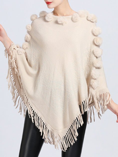 Women's Sweaters Furball Fringed Shawl Pullover Knit Sweater - Sweaters - Instastyled | Online Fashion Free Shipping Clothing, Dresses, Tops, Shoes - 26/09/2022 - Color_Beige - Color_Black