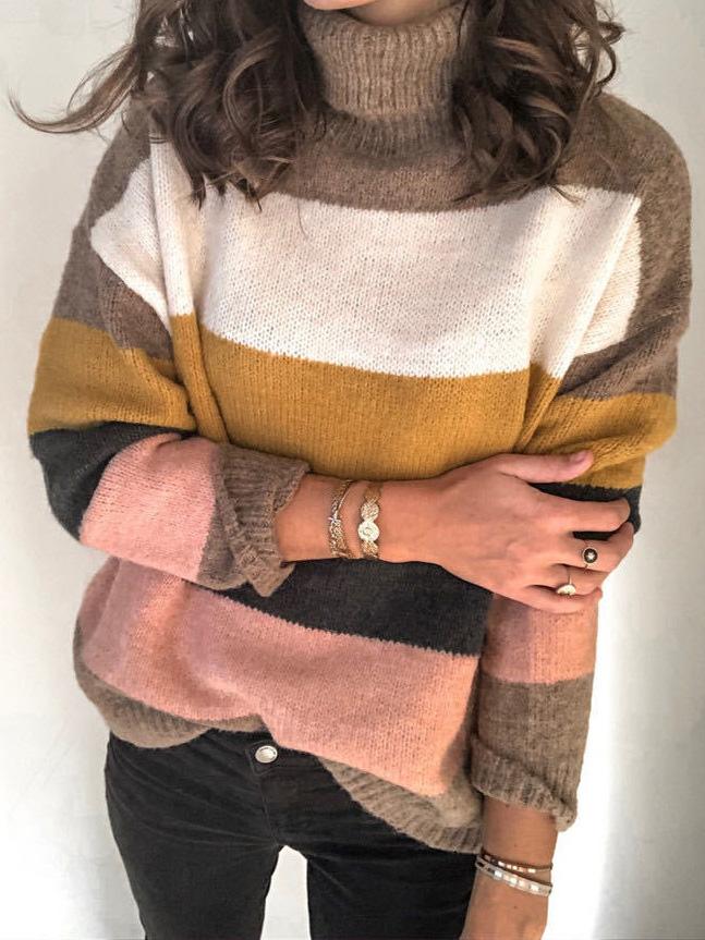 Women's Sweaters High Neck Stitching Striped Knitted Sweater - Cardigans & Sweaters - INS | Online Fashion Free Shipping Clothing, Dresses, Tops, Shoes - 08/09/2021 - 20-30 - Cardigans & Sweaters