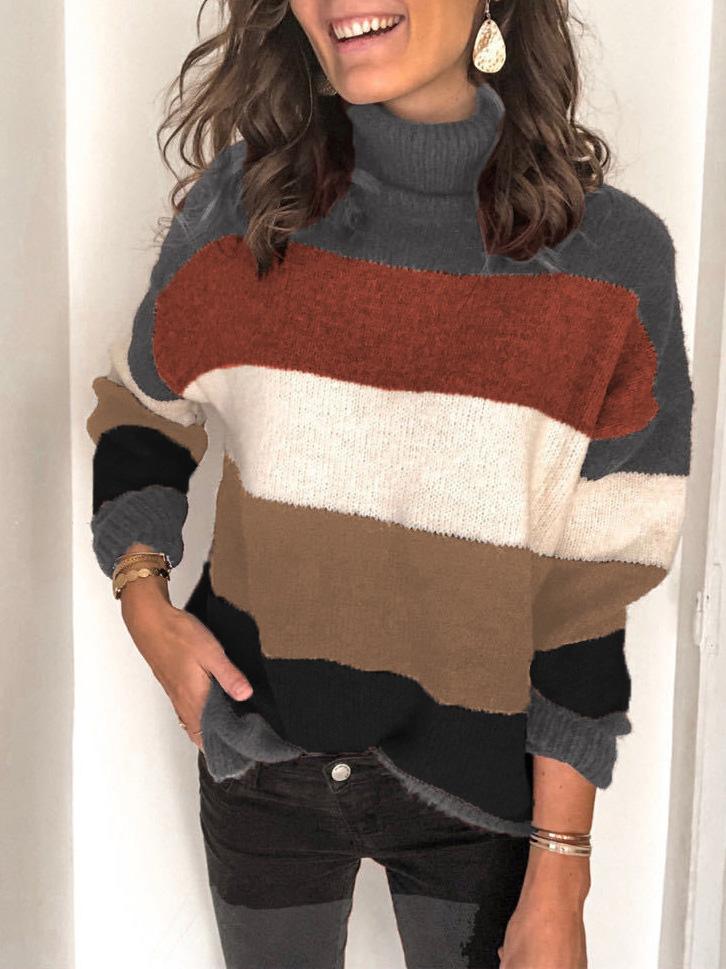 Women's Sweaters High Neck Stitching Striped Knitted Sweater - Cardigans & Sweaters - INS | Online Fashion Free Shipping Clothing, Dresses, Tops, Shoes - 08/09/2021 - 20-30 - Cardigans & Sweaters