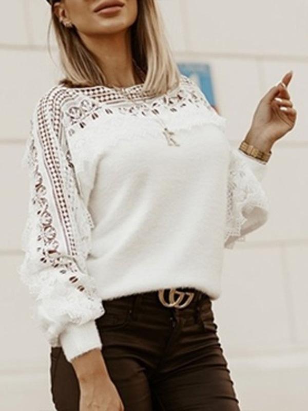 Women's Sweaters Hollow Pattern Lace Stitching Lantern Sleeve Sweater - Cardigans & Sweaters - INS | Online Fashion Free Shipping Clothing, Dresses, Tops, Shoes - 30-40 - 30/08/2021 - Cardigans & Sweaters