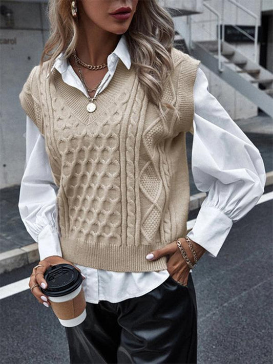 Women's Sweaters Knit V-Neck Vest Sleeveless Cable Sweater - INS | Online Fashion Free Shipping Clothing, Dresses, Tops, Shoes - 22/09/2021 - 30-40 - Cardigans & Sweaters