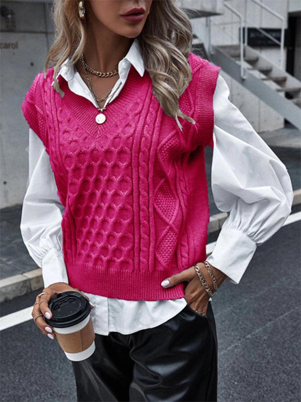 Women's Sweaters Knit V-Neck Vest Sleeveless Cable Sweater - INS | Online Fashion Free Shipping Clothing, Dresses, Tops, Shoes - 22/09/2021 - 30-40 - Cardigans & Sweaters