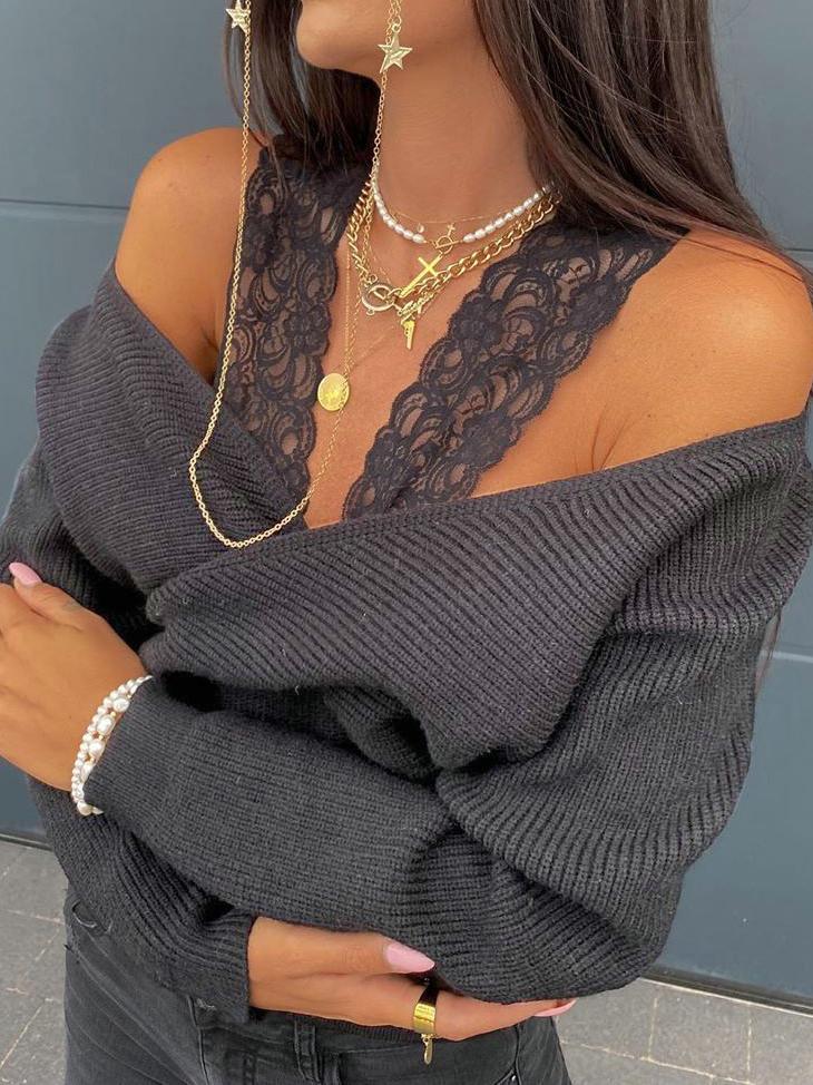 Women's Sweaters Lace Sling Strapless Long Sleeve Sweater - Cardigans & Sweaters - INS | Online Fashion Free Shipping Clothing, Dresses, Tops, Shoes - 2/11/2021 - 20-30 - Cardigans & Sweaters