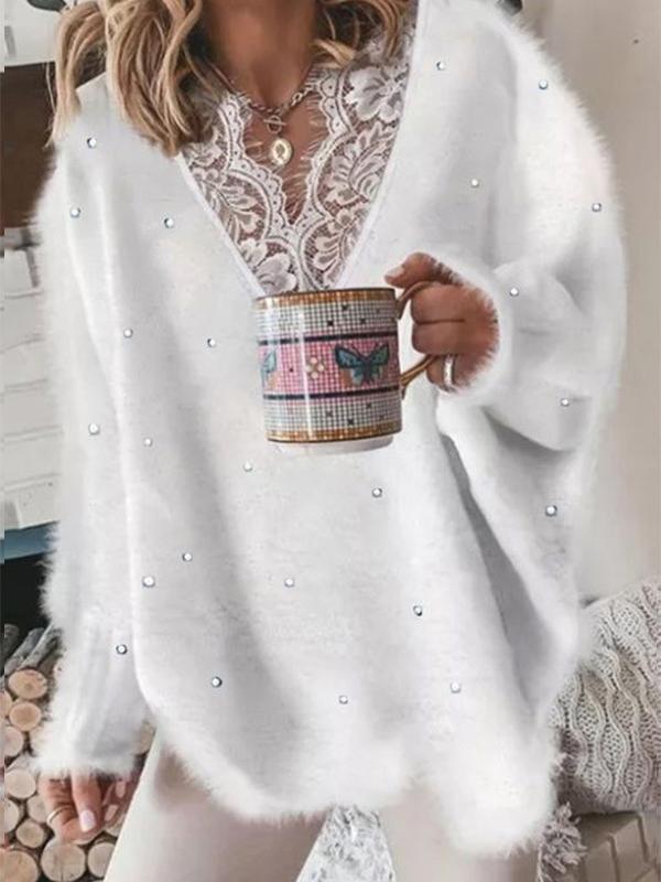 Women's Sweaters Lace Stitching Beaded V-Neck Long Sleeve Sweater - Cardigans & Sweaters - INS | Online Fashion Free Shipping Clothing, Dresses, Tops, Shoes - 25/10/2021 - 30-40 - Cardigans & Sweaters