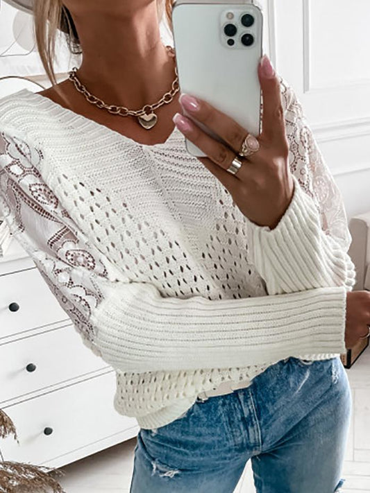 Women's Sweaters Lace Stitching Long Sleeve Hollow Knit Sweater - Cardigans & Sweaters - INS | Online Fashion Free Shipping Clothing, Dresses, Tops, Shoes - 1/11/2021 - 30-40 - Cardigans & Sweaters